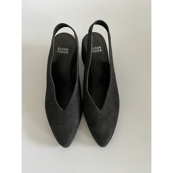 Eileen Fisher Gatwick Slingback Nubuck Shoes 6.5 Black Leather Block Heel New - Picture 1 of 9